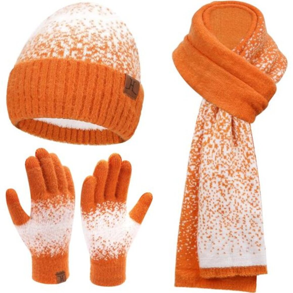 Womens Winter Knit‎ Beanie Hats and Touchscreen Gloves Long Scarf Set with Warm